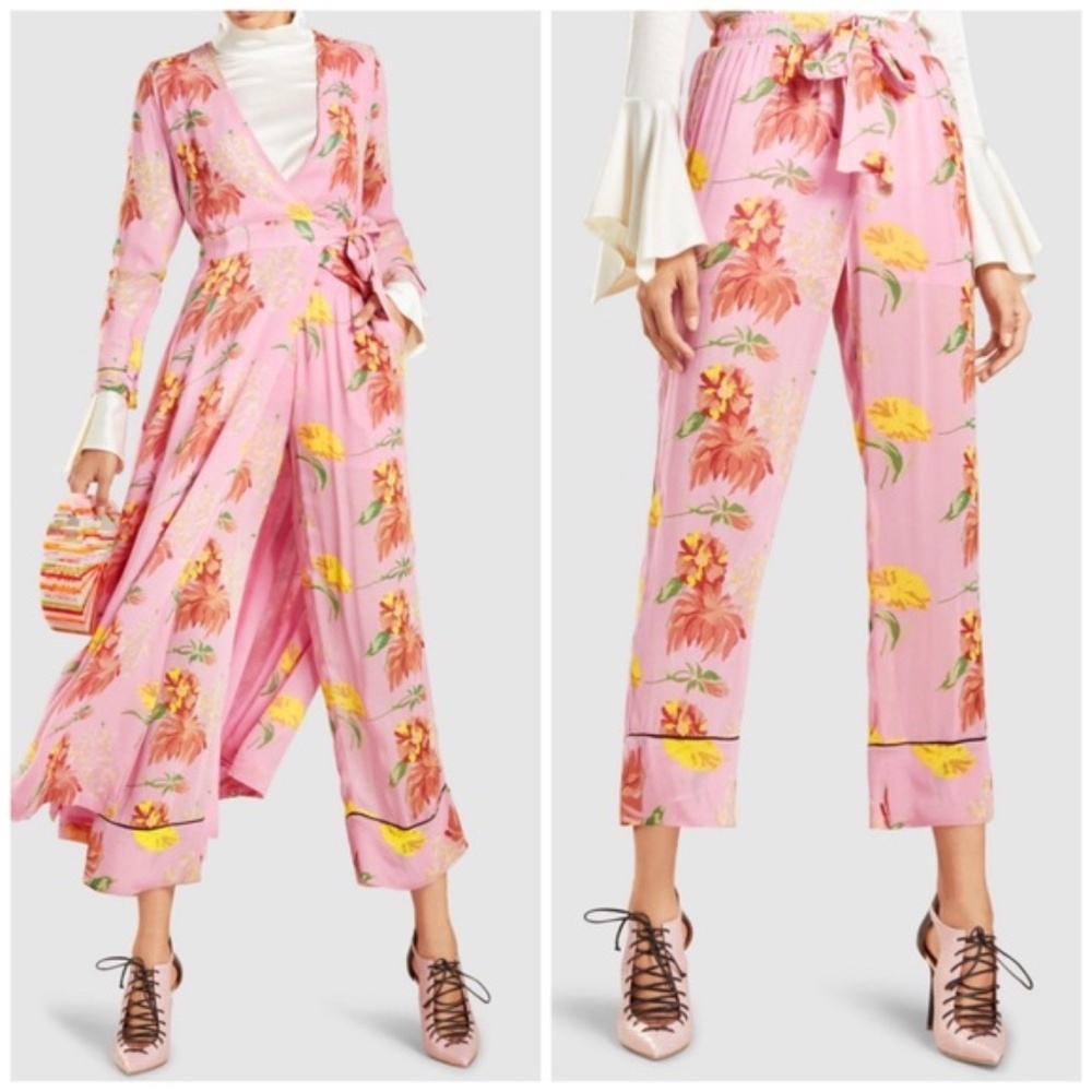 GANNI PINK FLORAL MAXI WRAP DRESS AND PANTS